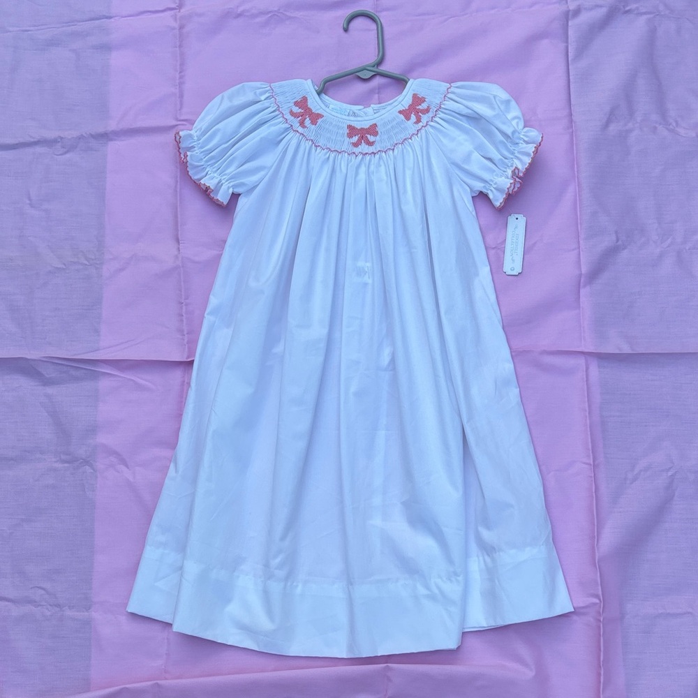 Edgehill Collection White with Pink Smocked Bows and Puff Sleeves